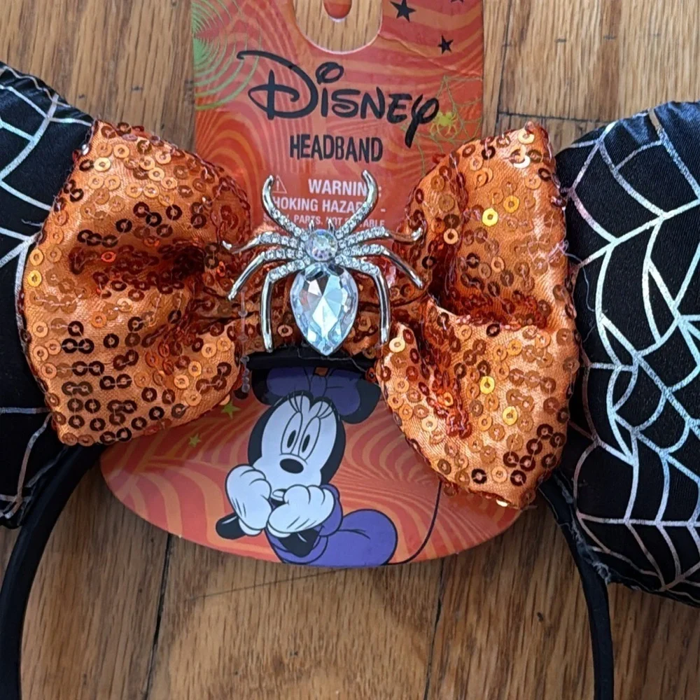 Disney Halloween Minnie Mouse Spider Web Headband black orange silver NWT - Picture 3 of 3